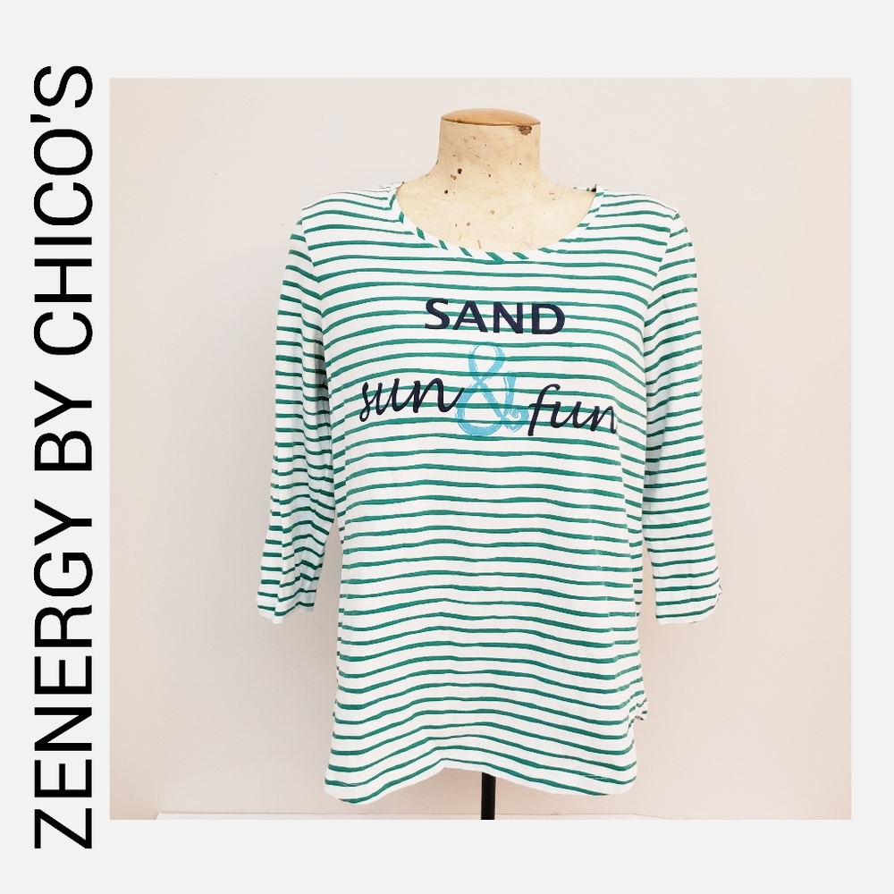 Zenergy By Chico's Striped Green and White Size Small Graphic Tee